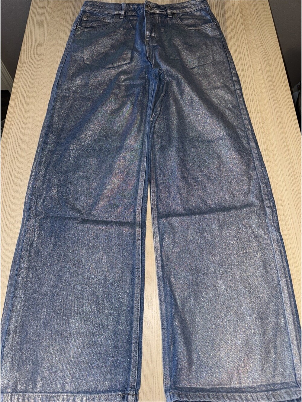 Forever 21 Premium Women's High-Rise Wide-Leg Metallic Blue Jeans Size 30